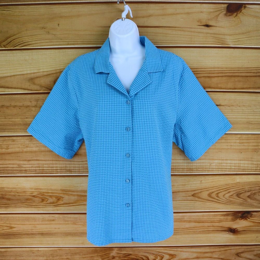BonWorth Button Up Shirt Womens Sz XL Blue Checks Cotton Short Sleeves Collared